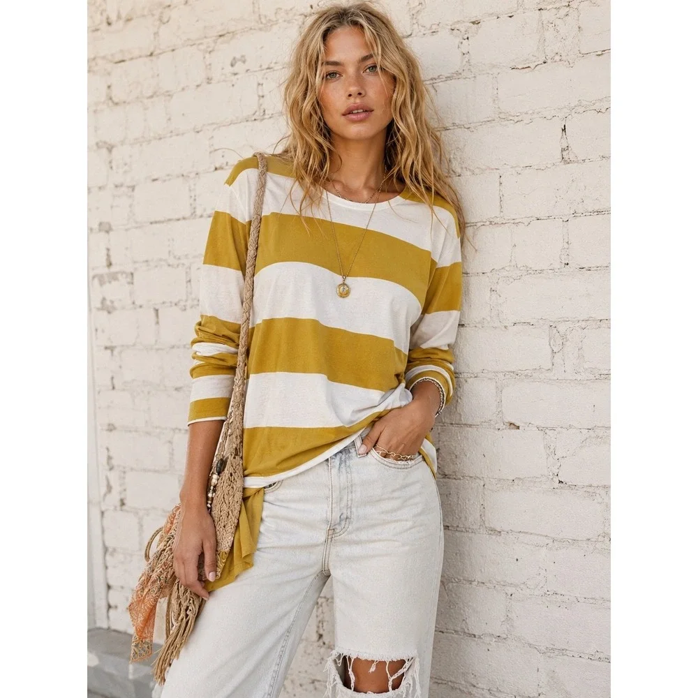 Boden Yellow White Cotton‎ Striped Long Sleeve Crew Neck T-Shirt Size 14